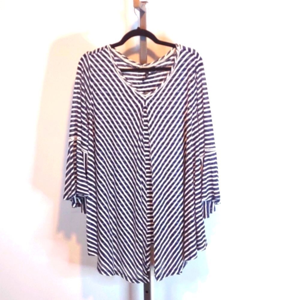New Direction Curvy 2X Double Layer Bell Sleeve Navy White Diagonal Stripes.